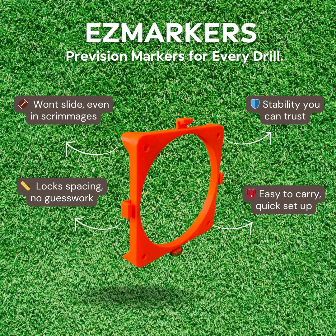 Close-up of EZCones self-retracting agility cones on a football field, used for sports training and field setup.